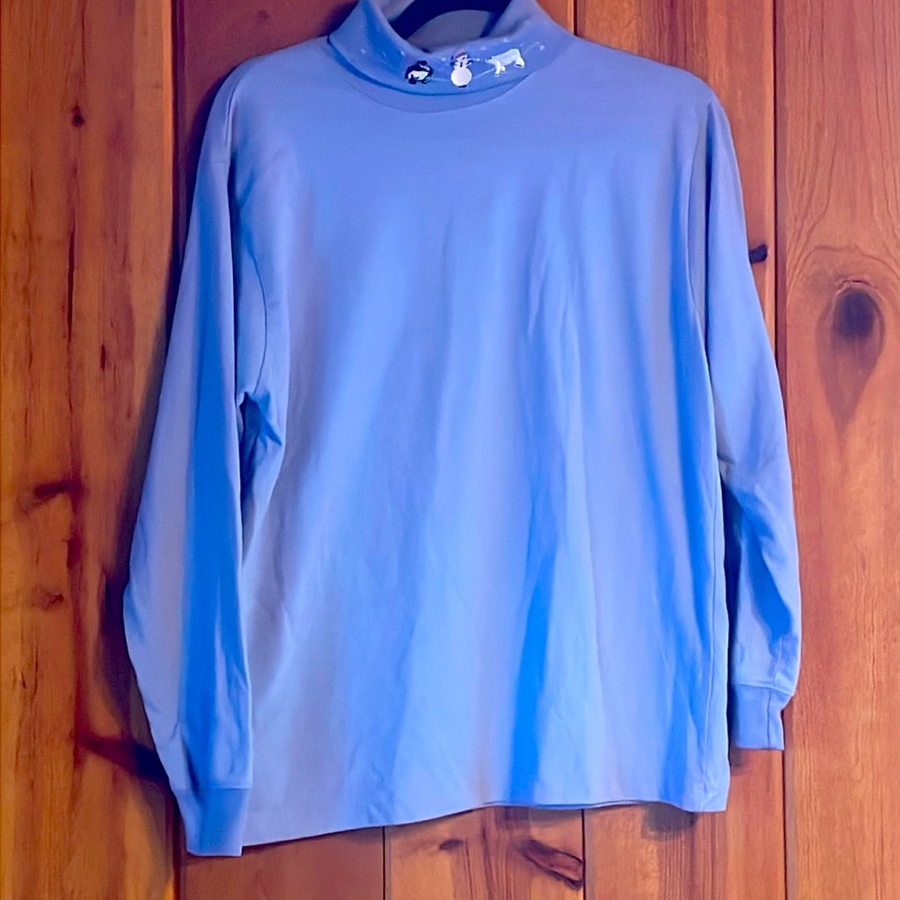 Vintage Periwinkle Women’s Turtleneck with Penguin, Polar Bear and Snowman